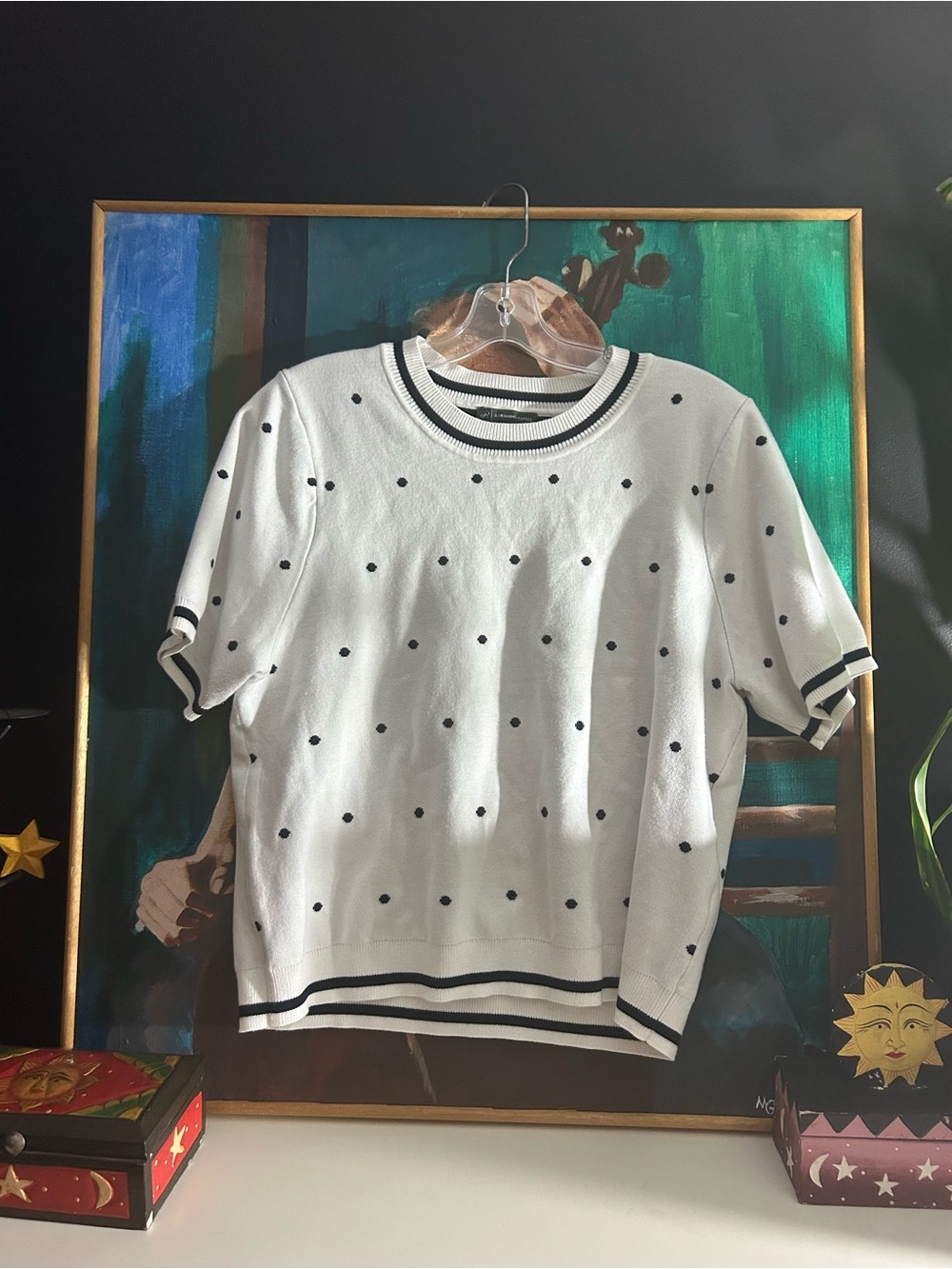 Adrianna Papell White Black Polka Dot Knit Short Sleeve Top XL